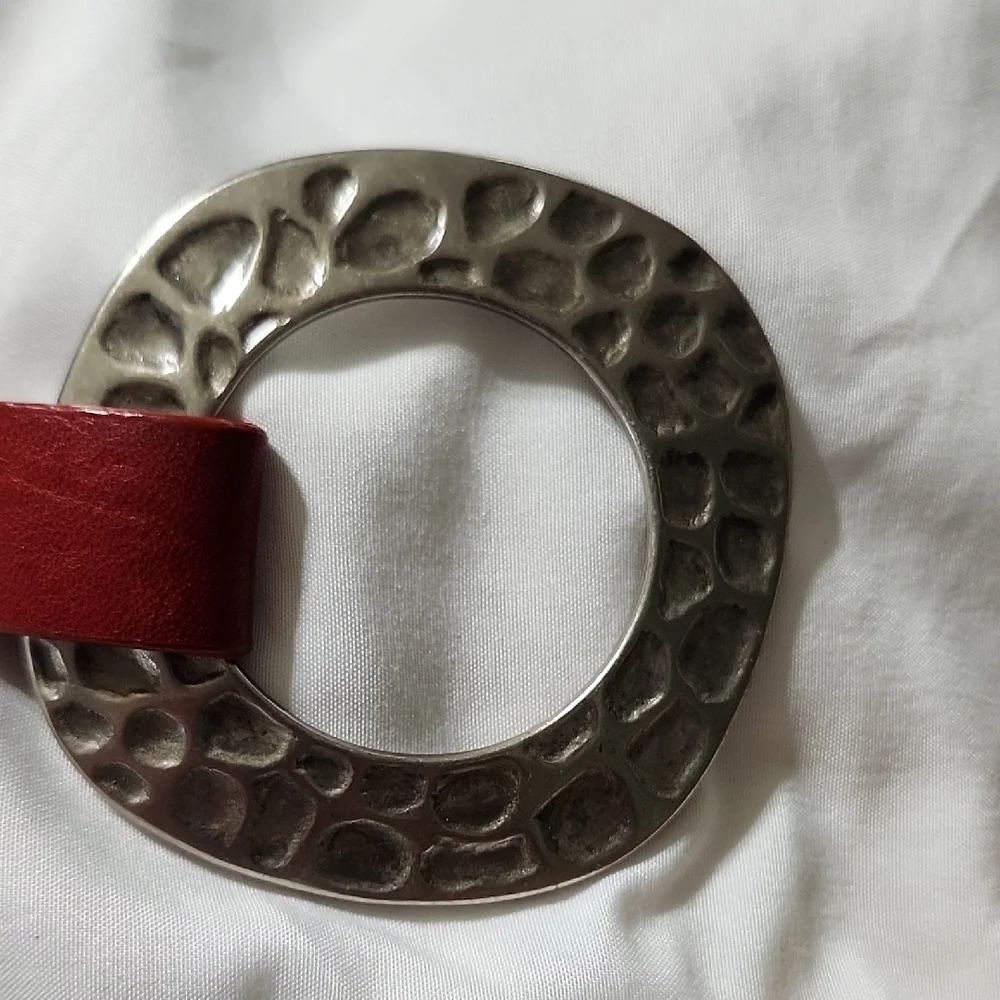 Chico's Silver Red Fashion Belt with Ornate Buckle